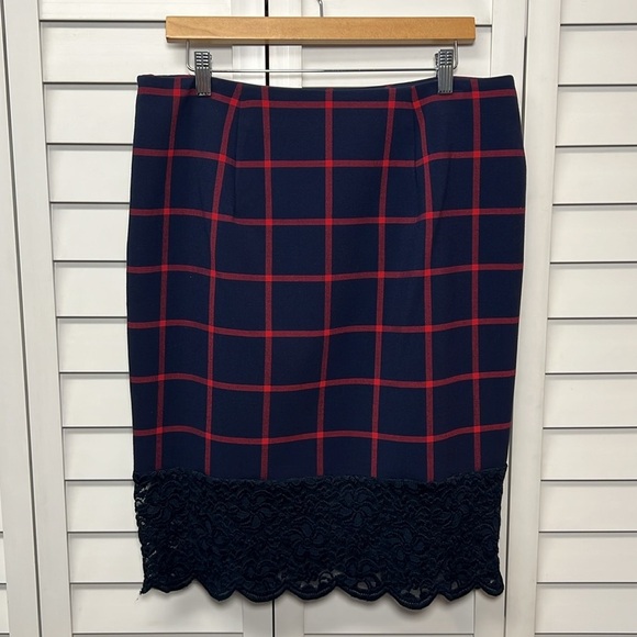 Michael Kors Plaid Lace Scalloped Hem Stretch Pencil Skirt Size 10 Navy & Red - Picture 7 of 9
